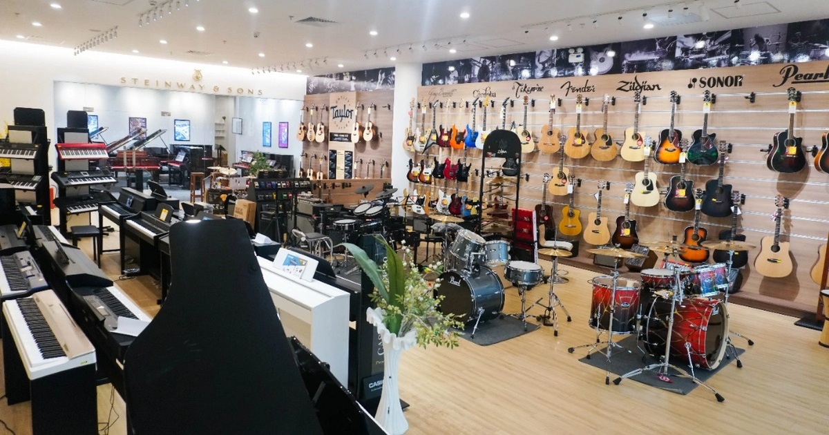 Music shop interior with instruments on display